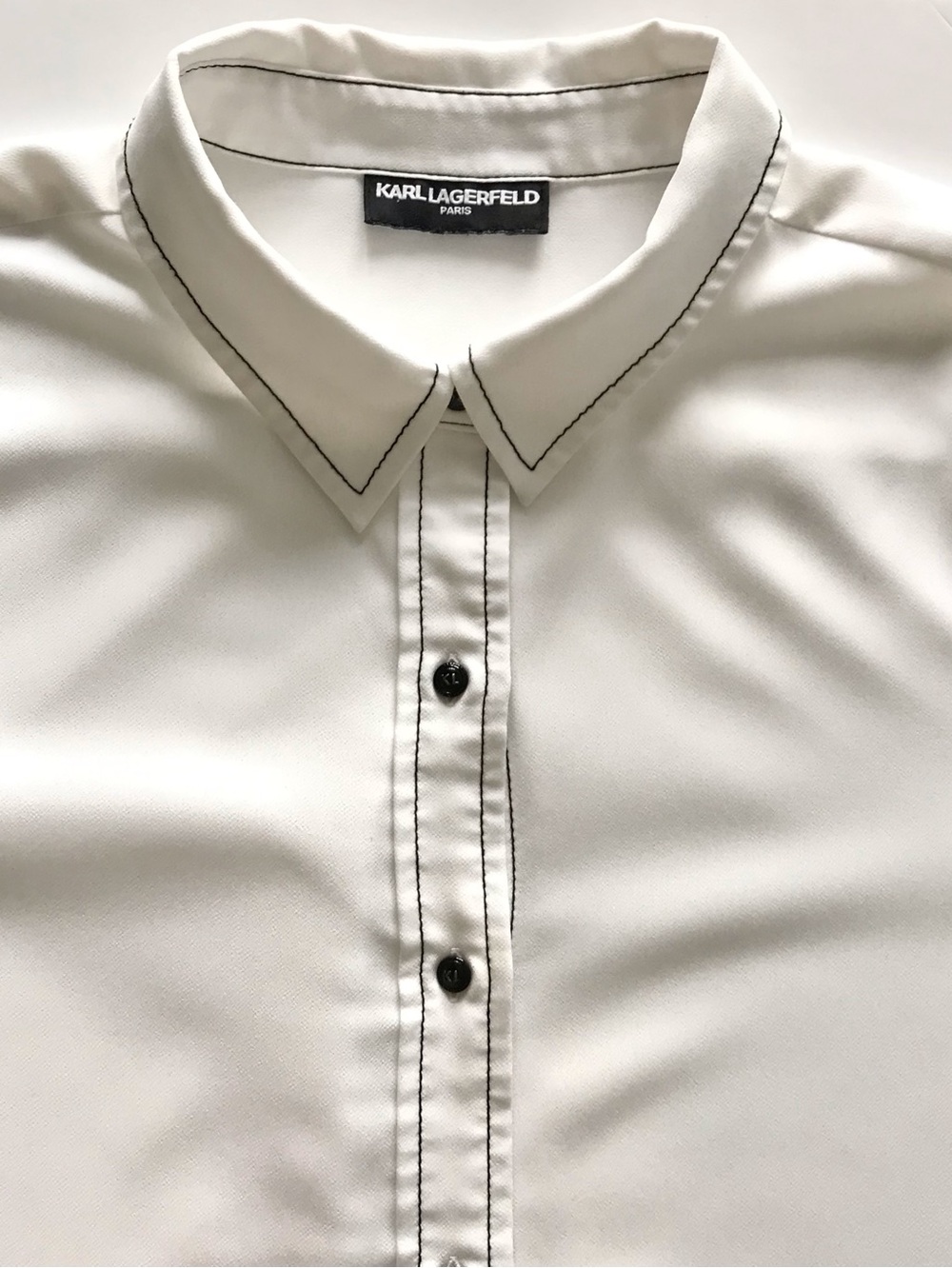 Karl Lagerfeld Paris White w/ Black Trim Blouse Button Up Shirt Size Large - Picture 6 of 9